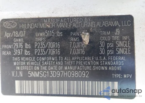 2007 Hyundai Santa Fe Gls z USA, uszkodzony, nr VIN 5NMSG13D97H098092